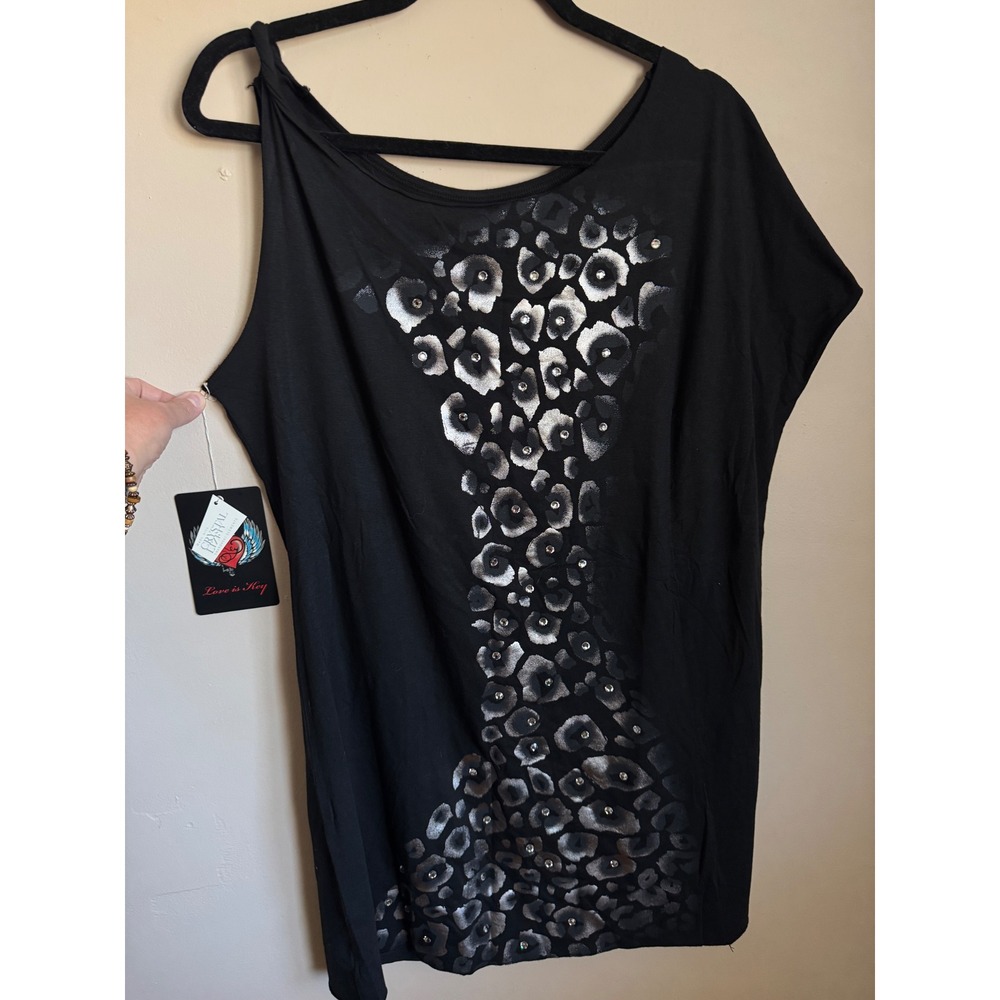 Key by Key Tunic Women L Black NEW Swarovski Leopard Foil Asymmetrical Top